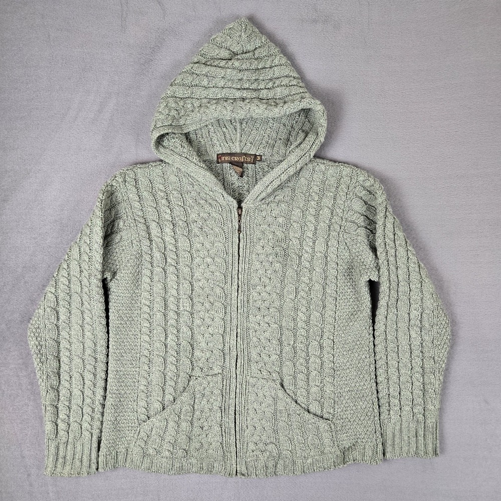 Inis Crafts‎ Sweater Womens Medium Cable Knit Fisherman Ireland Hooded Chunky